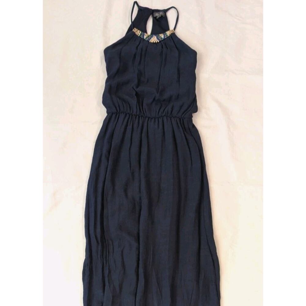 Lily Rose Navy Blue Maxi Dress XS Beaded Neck Boho Gauze Sleeveless Lined